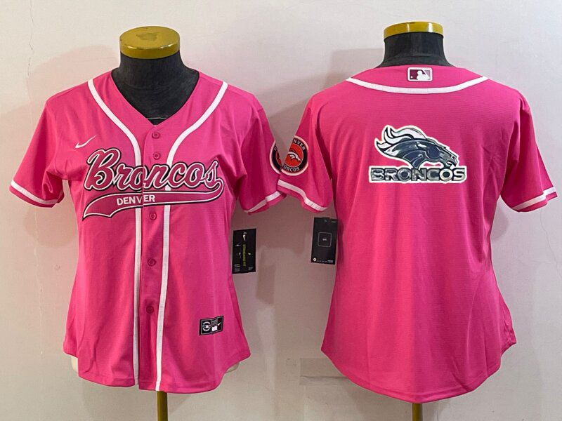 Women's Denver Broncos Pink Team Big Logo With Patch Cool Base Stitched Baseball Jersey(Run Small)